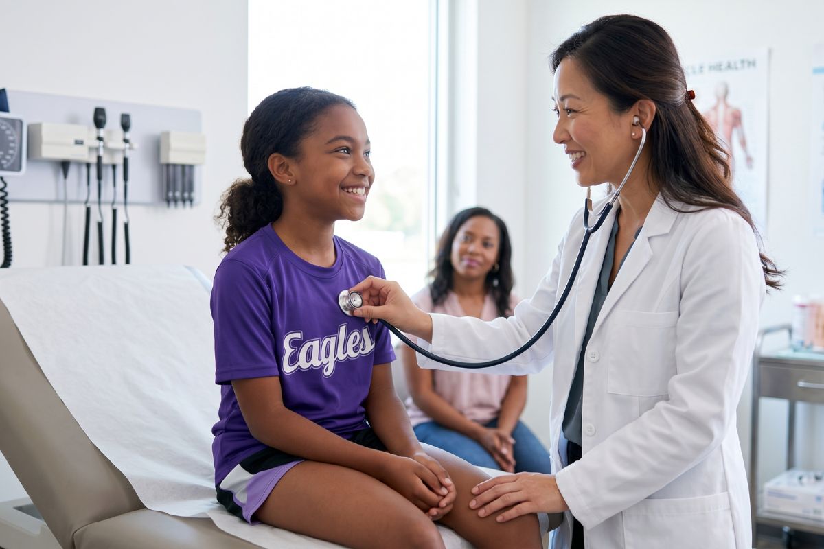 A female urgent care doctor uses a stethoscope to listen to a smiling pre-teen girl's heart during a sports physical.